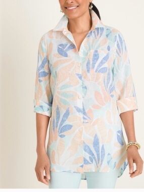 Chico’s No Iron 100% Linen Tropical Button Down Shirt Coastal Resort Top Size L